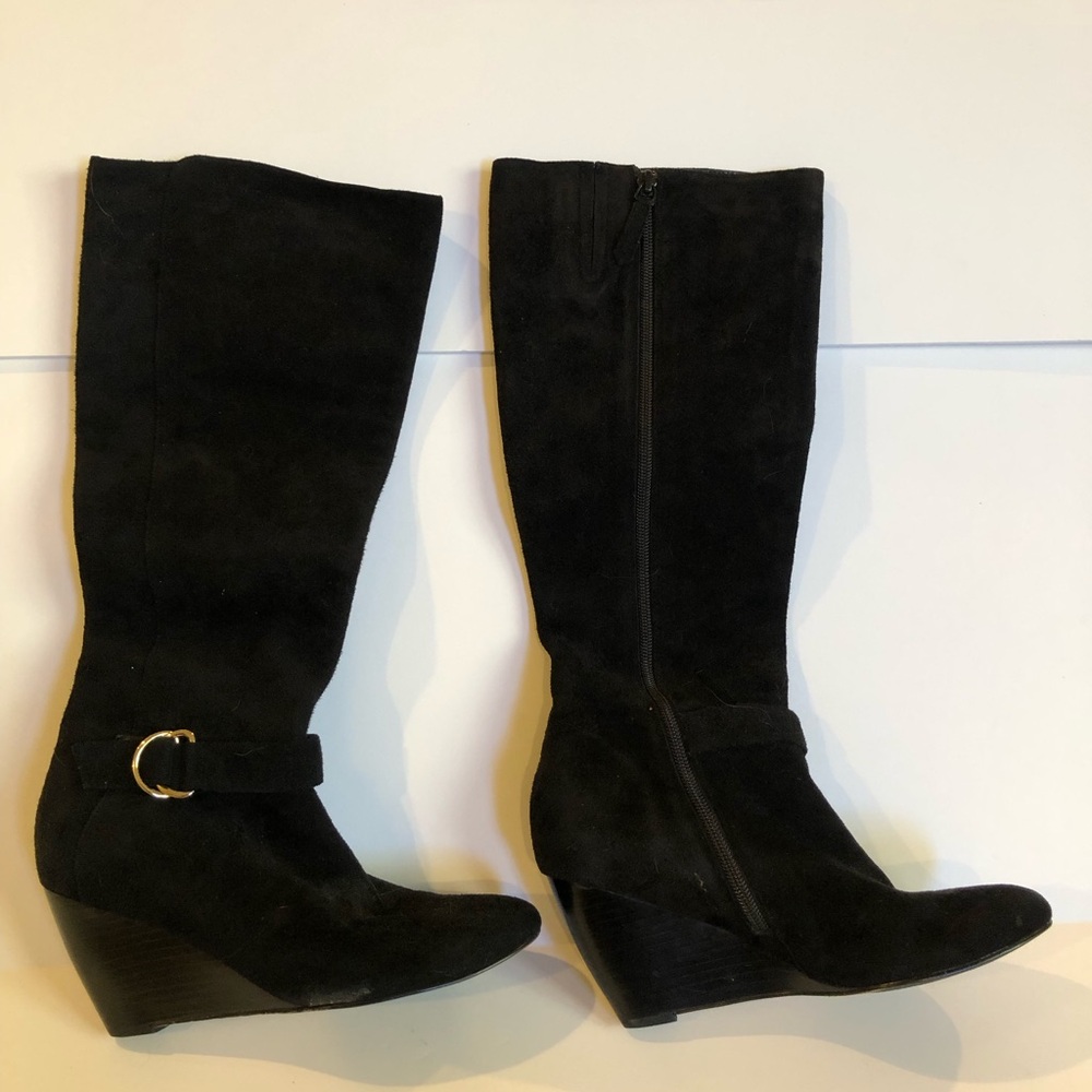 Cole Haan NikeAir Lainey Wedge Boots Womens 7B Black Suede Buckle Knee High